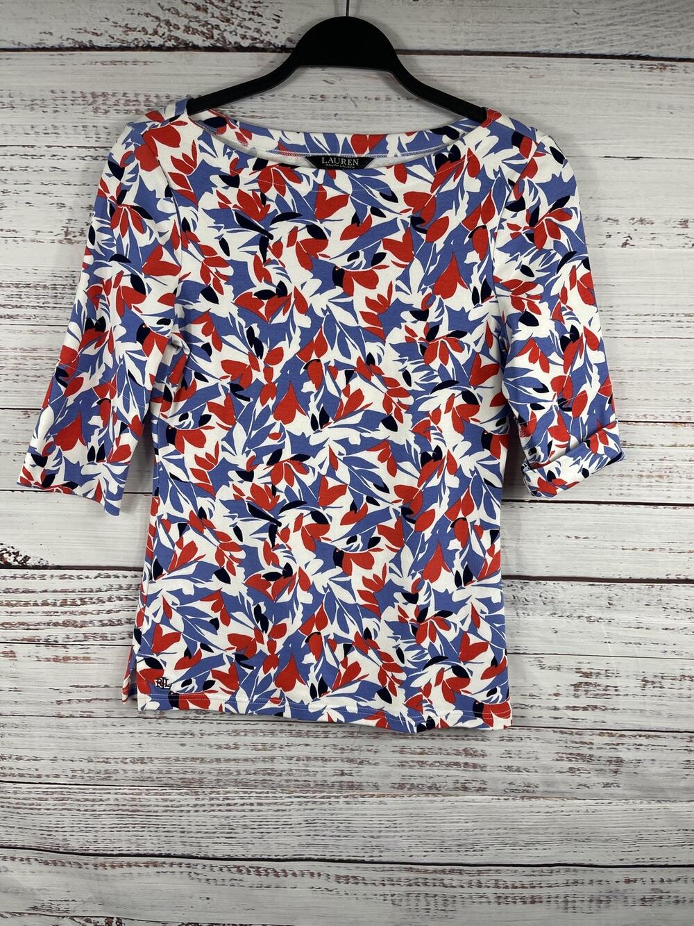Lauren Ralph Lauren Shirt Women's Small Multicolor Floral Boat Neck 3/4 Sleeve